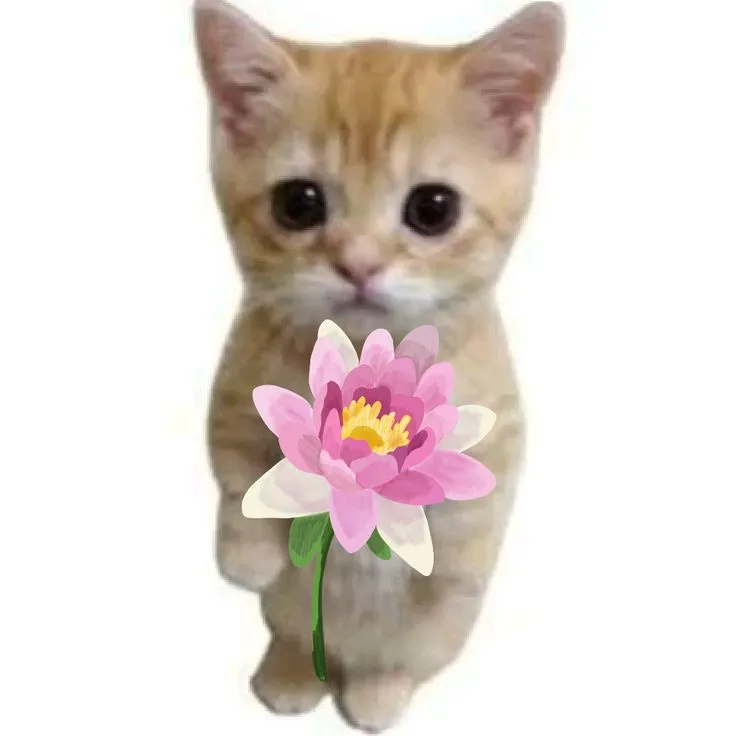 Ảnh vui mèo cầm hoa và ánh mắt chân thành