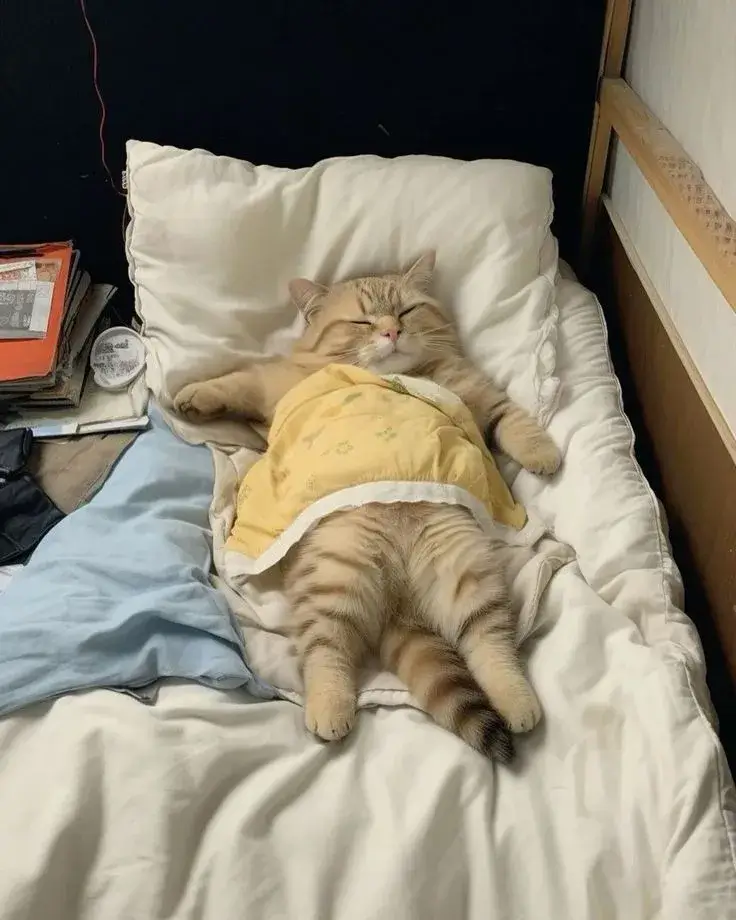 Hình chế vui mèo mướp mắt lim dim chuẩn vibe “mệt rã rời”