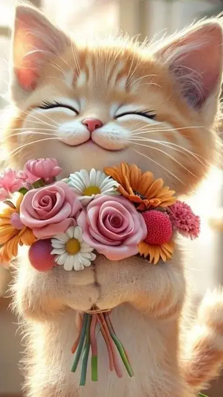 40 Meme mèo tặng hoa cảm kích với đôi mắt to tròn.