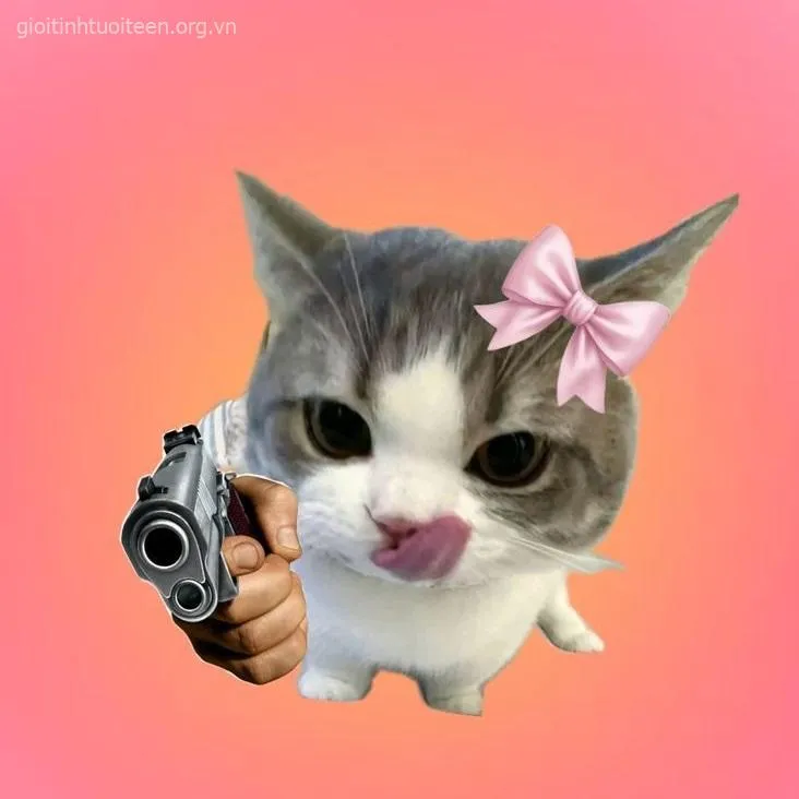 Hình troll mèo nghiêm túc chỉa súng cực đáng yêu